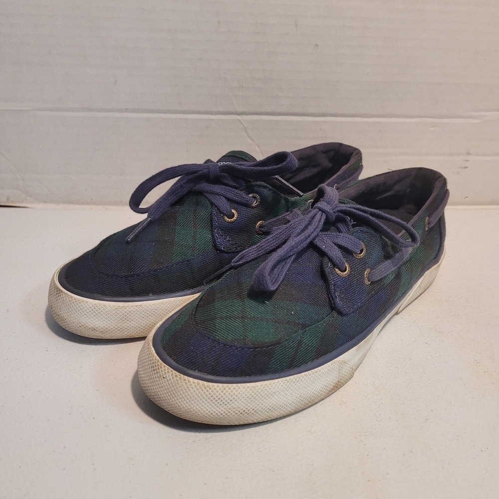 Sperry Top Sider Women's Sz 6 M Green Blue Plaid Canvas Lace up Boat Shoes Flats